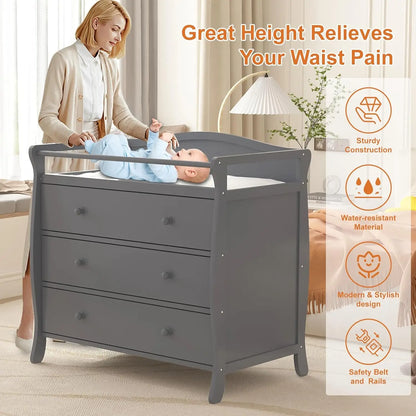 3 Drawer Wooden Diaper Changing Station with Safety Belt & Rails