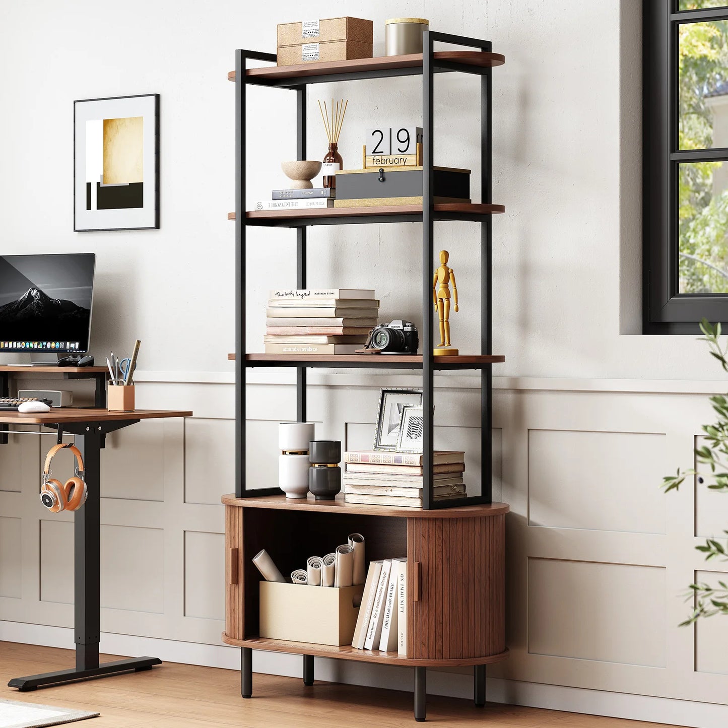 71" Tall, 4-Tier Bookshelf with Storage Cabinet