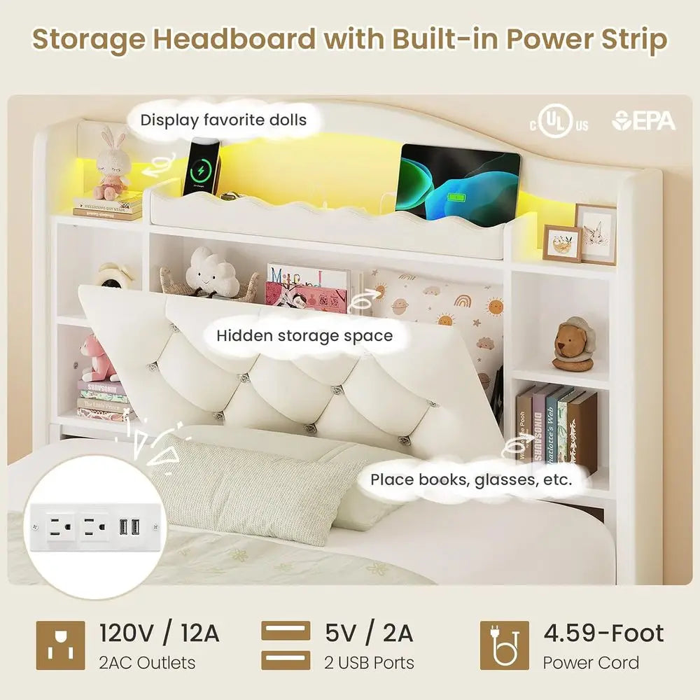 Kids Bed with Bookcase Headboard, Storage Drawers & LED Lights