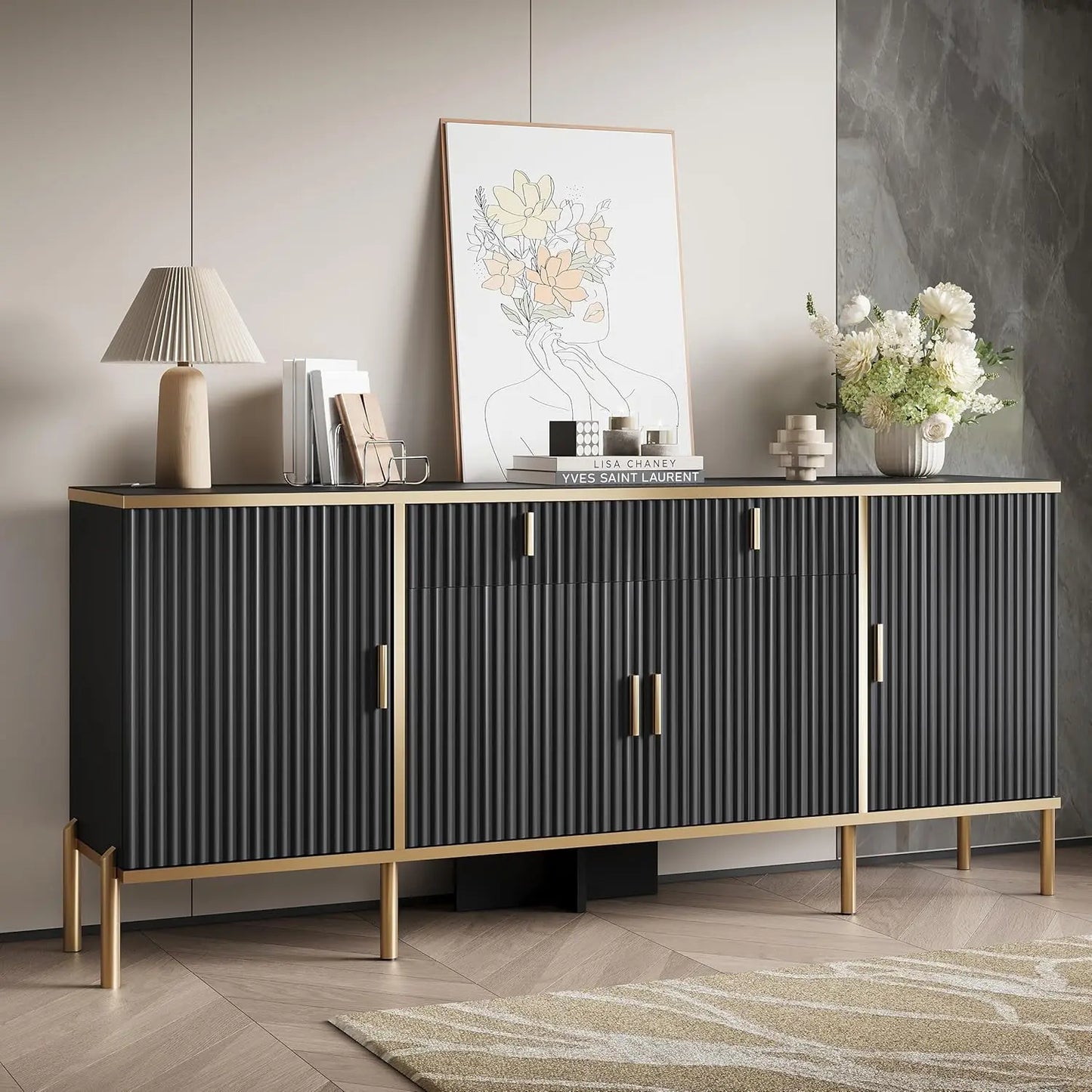 Fluted Storage Sideboard with Adjustable Shelves & Pop-Up Doors