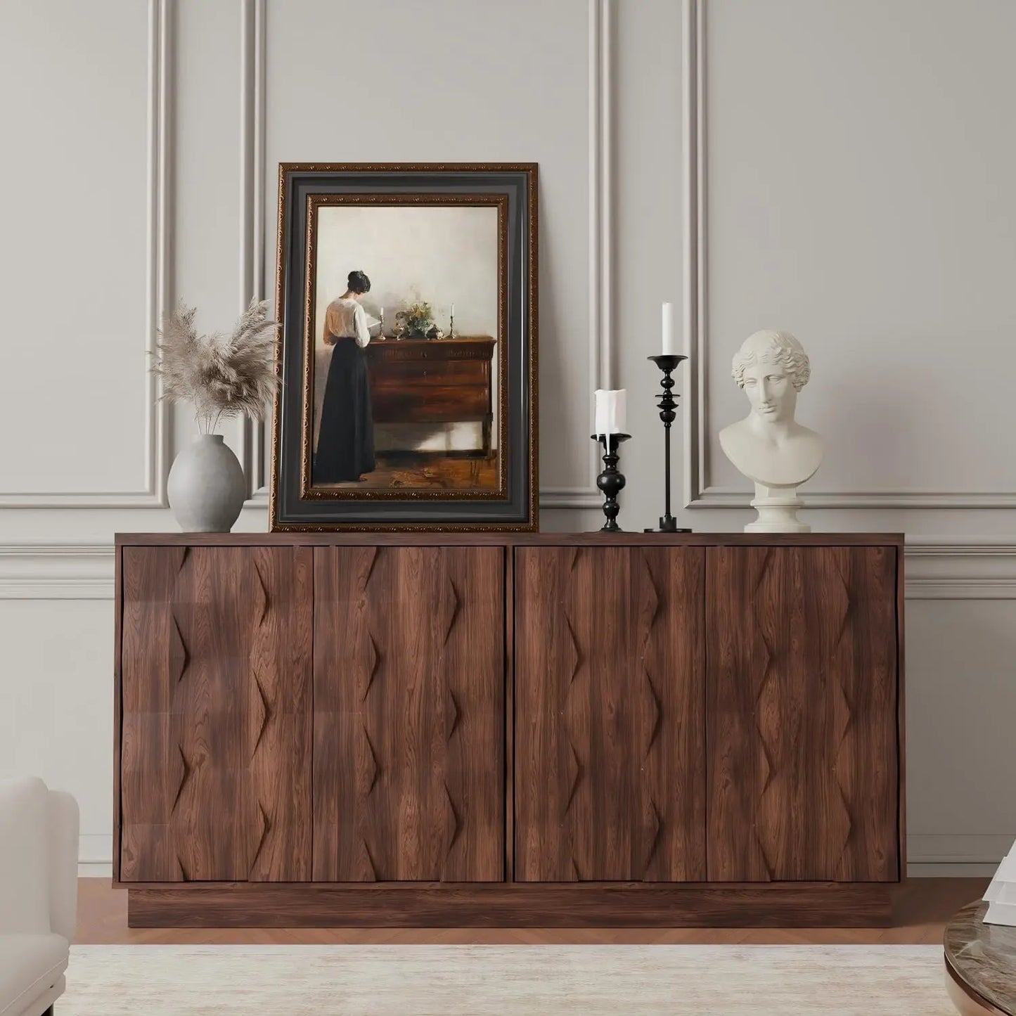 60" Walnut Sideboard Buffet Cabinet w/ Hexagon Textured Doors