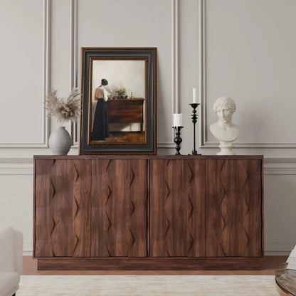 60" Walnut Sideboard Buffet Cabinet w/ Hexagon Textured Doors