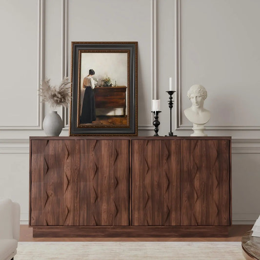60" Walnut Sideboard Buffet Cabinet w/ Hexagon Textured Doors