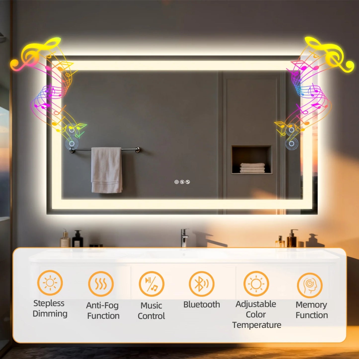 LED Bathroom Mirror w/ Speakers, Dimmable Backlit, Anti-Fog
