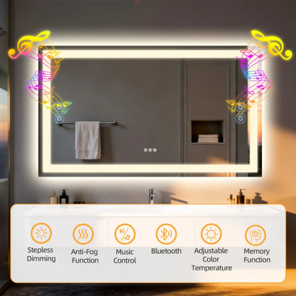 LED Bathroom Mirror w/ Speakers, Dimmable Backlit, Anti-Fog