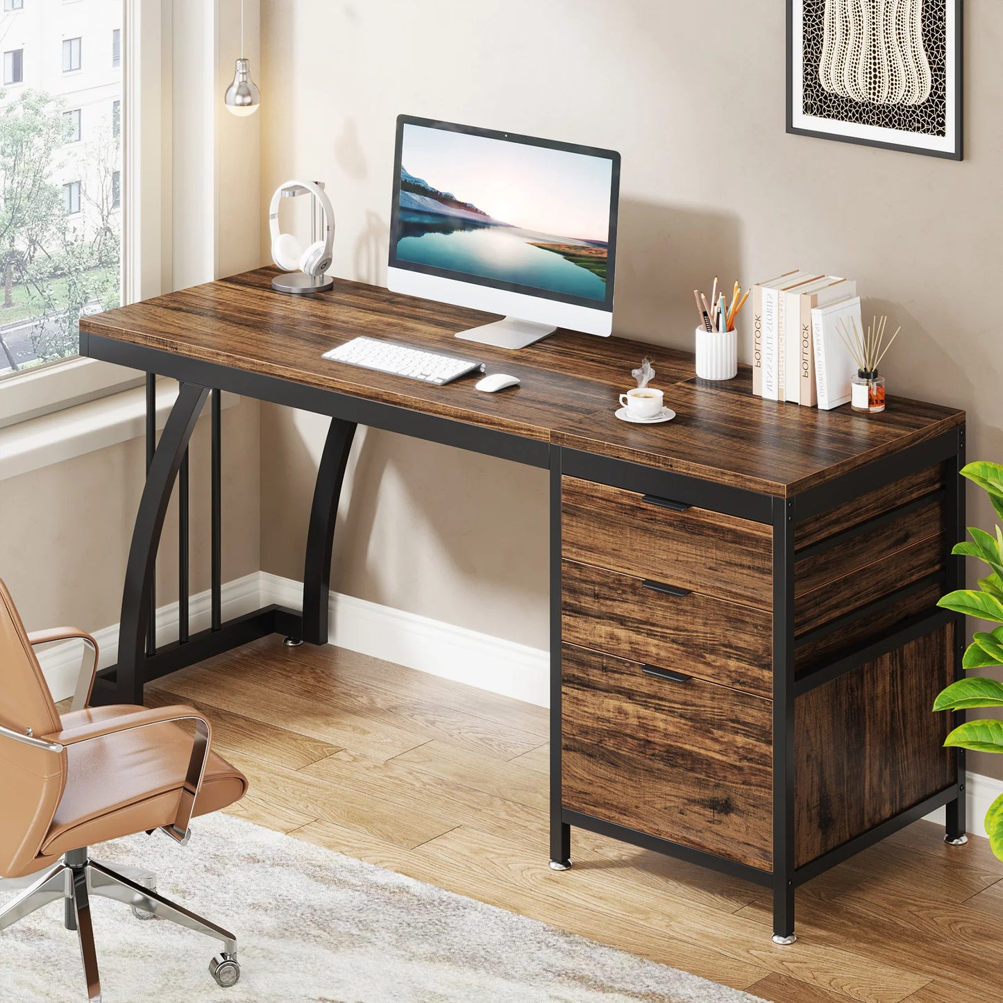 59-Inch PC Desk with 3 Reversible Drawers