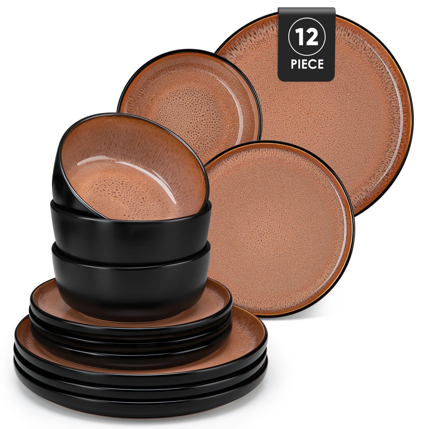 12/16 Piece Matte Black Stoneware Plats Set