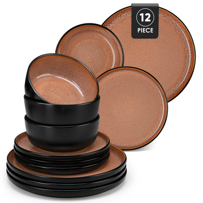 12/16 Piece Matte Black Stoneware Plats Set