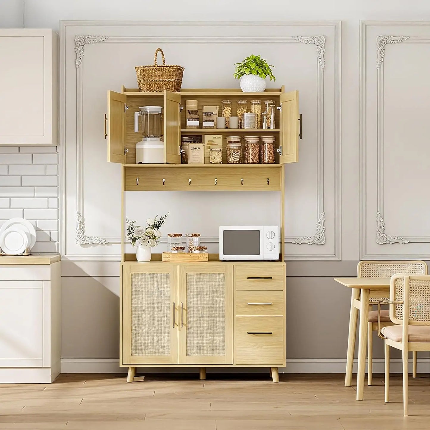 Rattan Kitchen Pantry Cabinet with 3 Drawers & Adjustable Shelves
