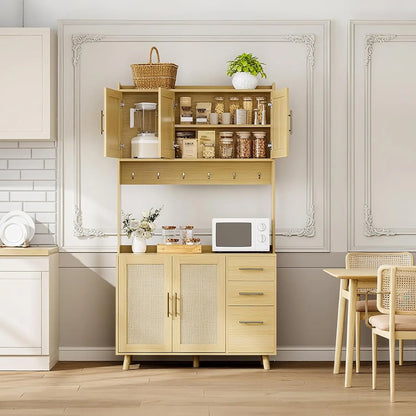 Rattan Kitchen Pantry Cabinet with 3 Drawers & Adjustable Shelves