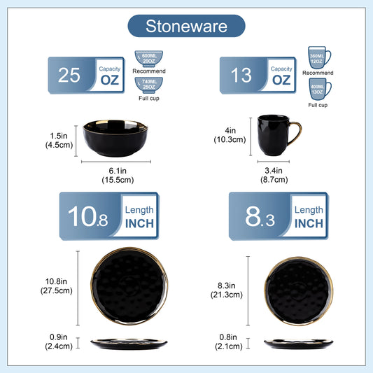 16/32 Piece Black Porcelain Dinnerware Set with Gold Trim