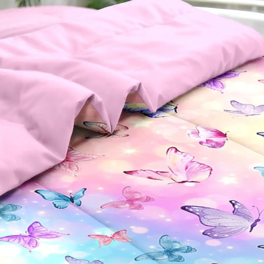 5 Pcs Comforter Set Twin Size, Pink, Blue & Purple Butterfly
