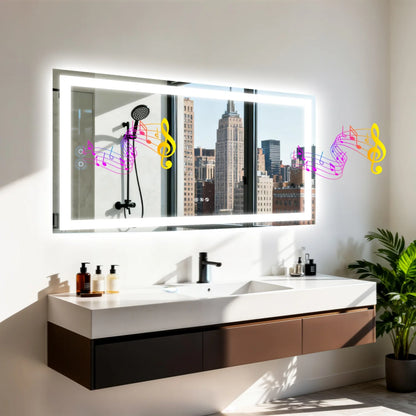 LED Bathroom Mirror w/ Speakers, Dimmable Backlit, Anti-Fog