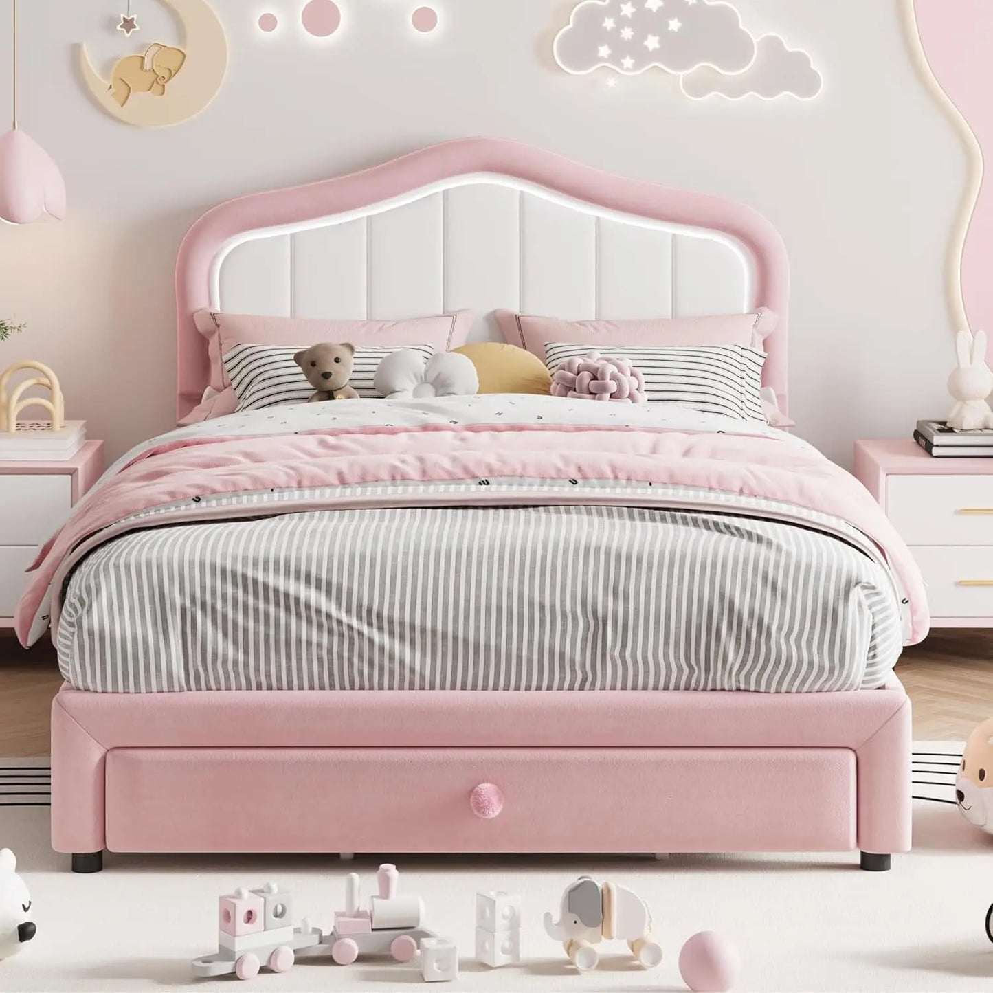 Kids Modern Princess Style Upholstered Bed Frame with LED Crown Headboard