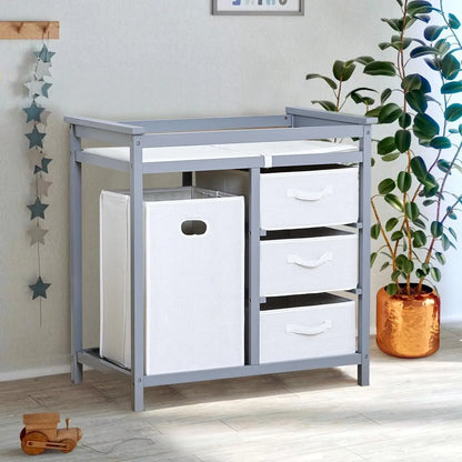 Wooden Diaper Changing Station Dresser with Laundry Hamper