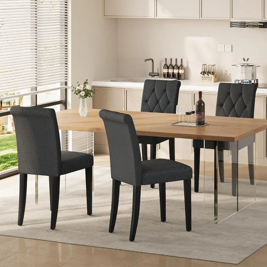 Set of 4, Button Tufted Parsons Dining Chair w/ Solid Wood Legs