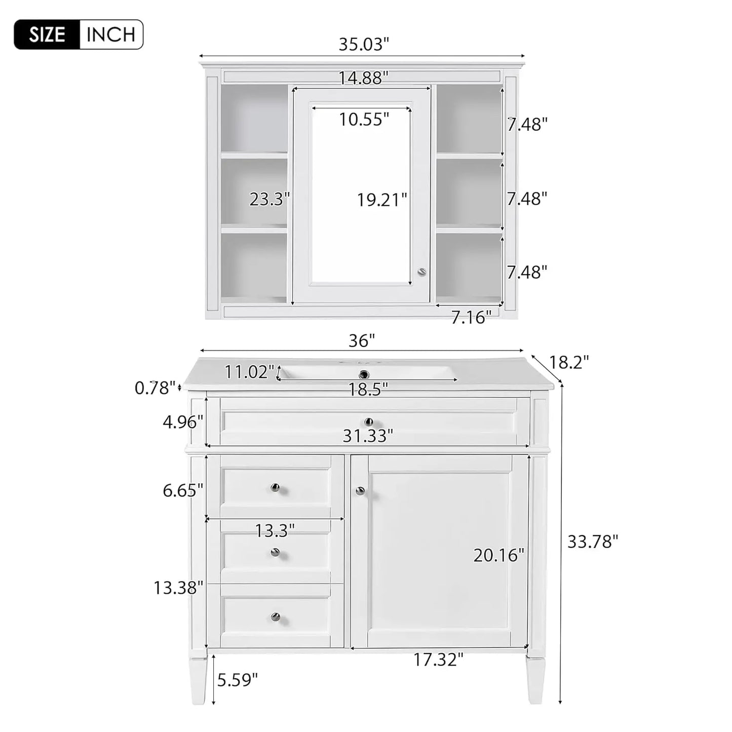 36" Bathroom Vanity Set with Mirror, Cabinet & Single Sink