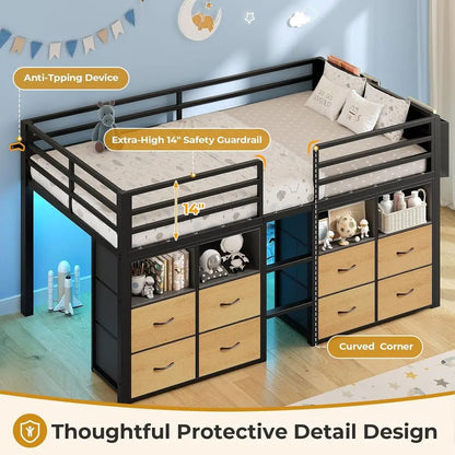 Low Loft Bed, Twin Size with Storage Drawers, Bookcase & LED Lights