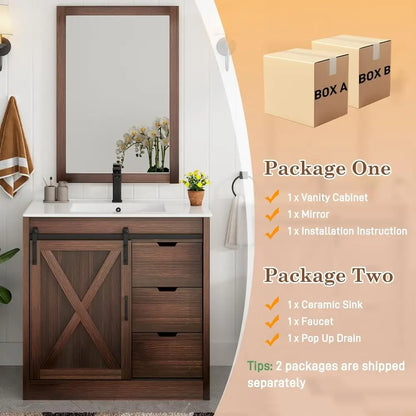 36” Farmhouse Bathroom Vanity Set with Sink, Faucet & Mirror