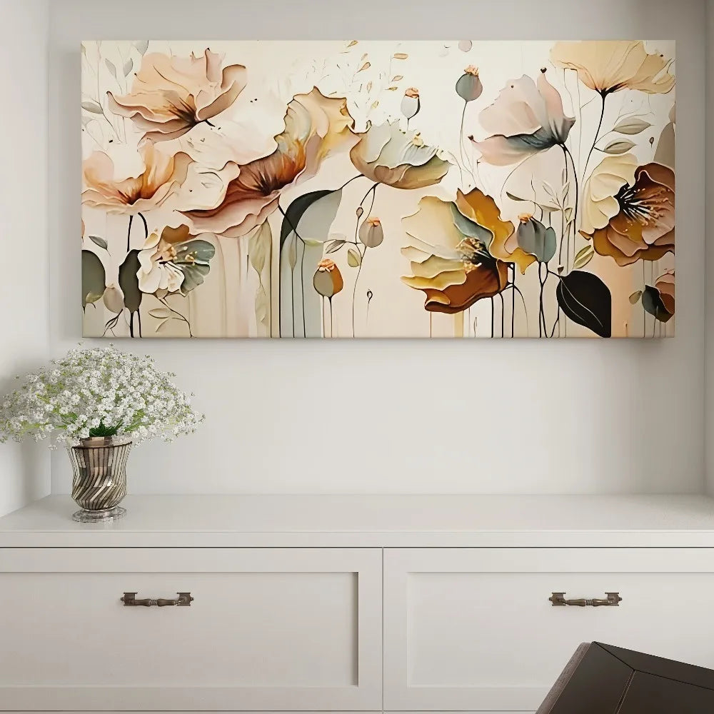 Abstract Floral Canvas Art with Flowy Petal and Leaf Design