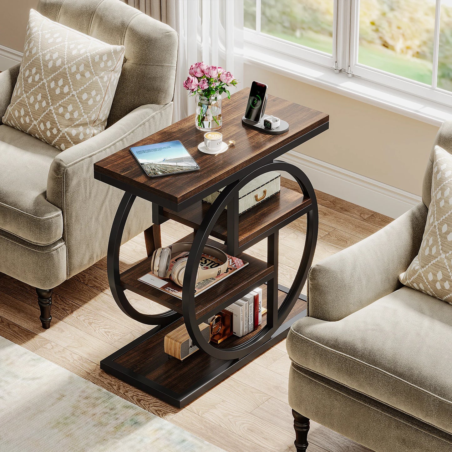 4-Tier Narrow Side End Table with Storage Shelves