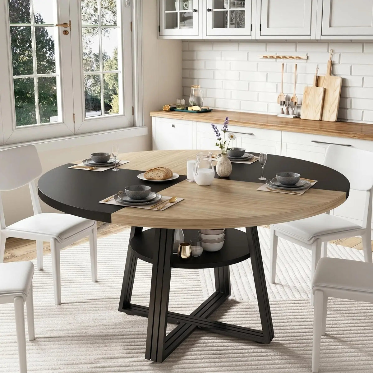 Round Farmhouse Dining Table with Shelf