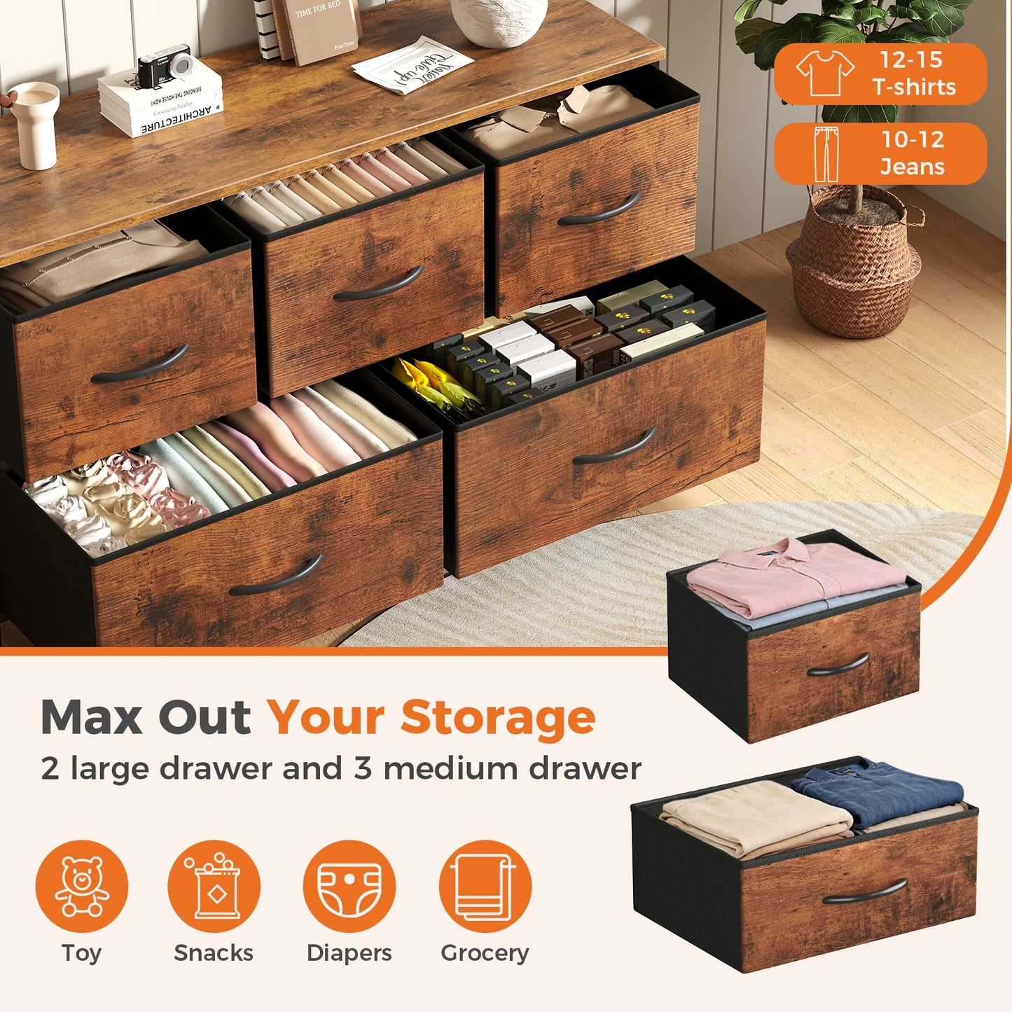 Wide Fabric Storage Tower with Wooden Top and Metal Frame
