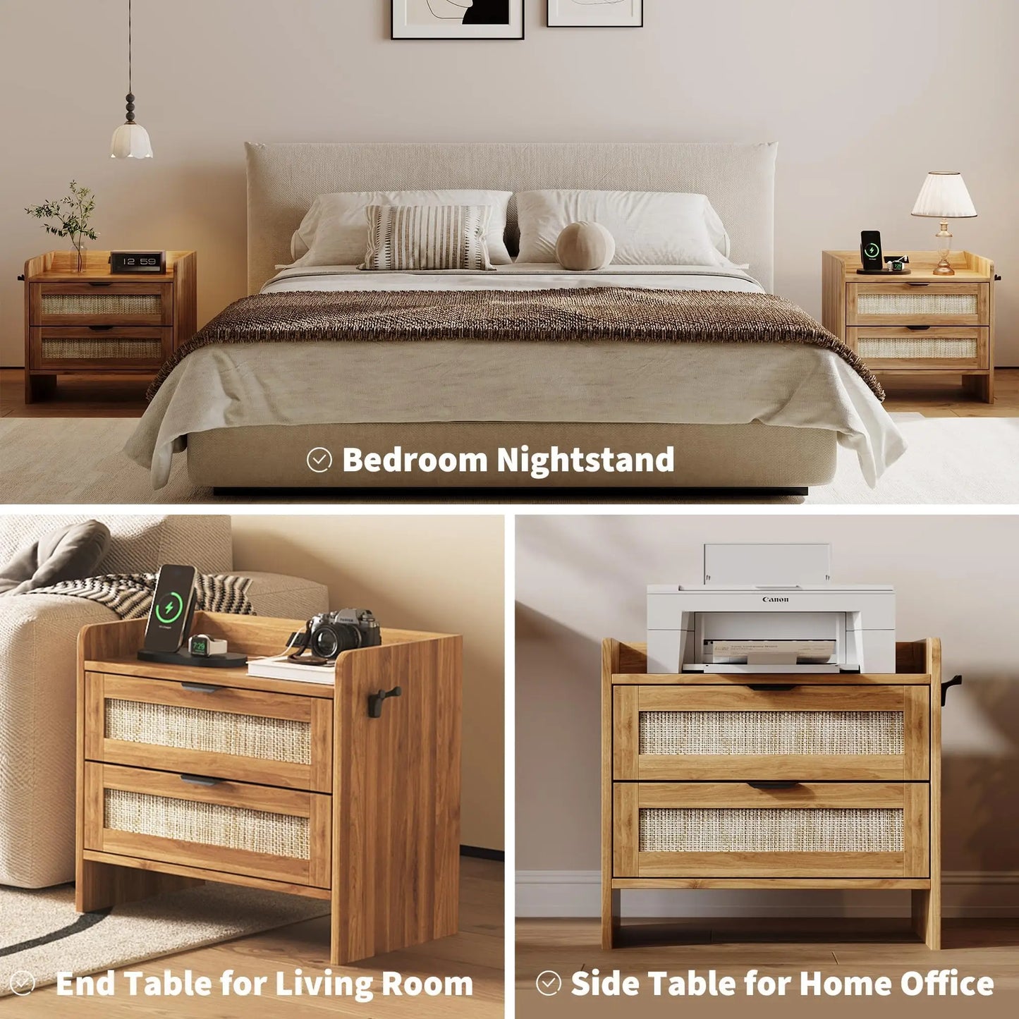 Modern Rattan Nightstand Set of 2 with Charging Station