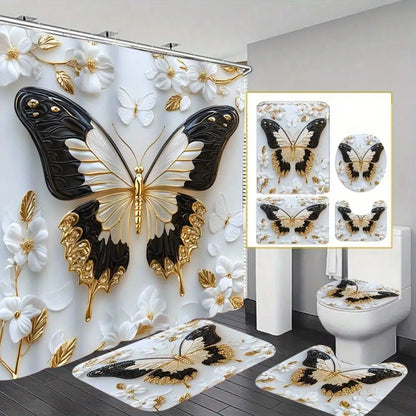 1pc/ 4pcs Platinum Butterfly Shower Curtain Set