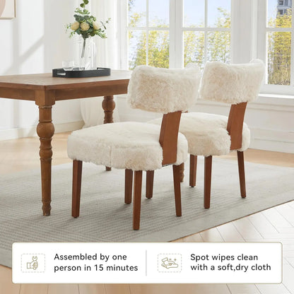 Set of 4 Mid-Century Fur Fabric Dining Chairs with Curved Backrest & Wood Legs