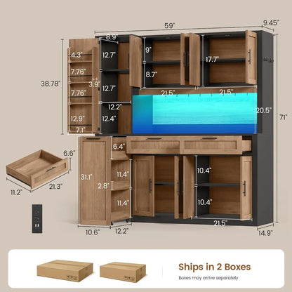 71" Kitchen Pantry Cabinet with Charging Station & LED Light
