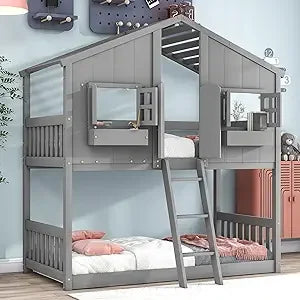Floor House Bunk Bed with Roof and Window