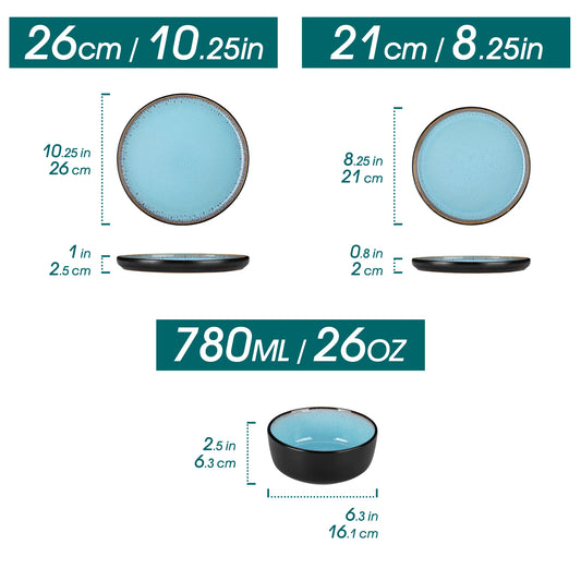 12/16 Piece Matte Black Stoneware Plats Set