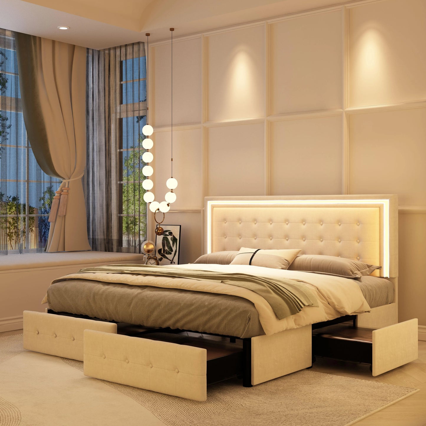 LED Bed Frame with 4 Storage Drawers & Upholstered Headboard