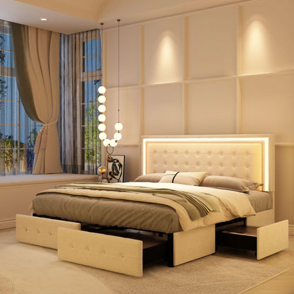 LED Bed Frame with 4 Storage Drawers & Upholstered Headboard