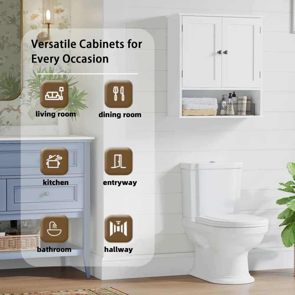 3-Tier Bathroom Wall Cabinet with Doors & Adjustable Shelves
