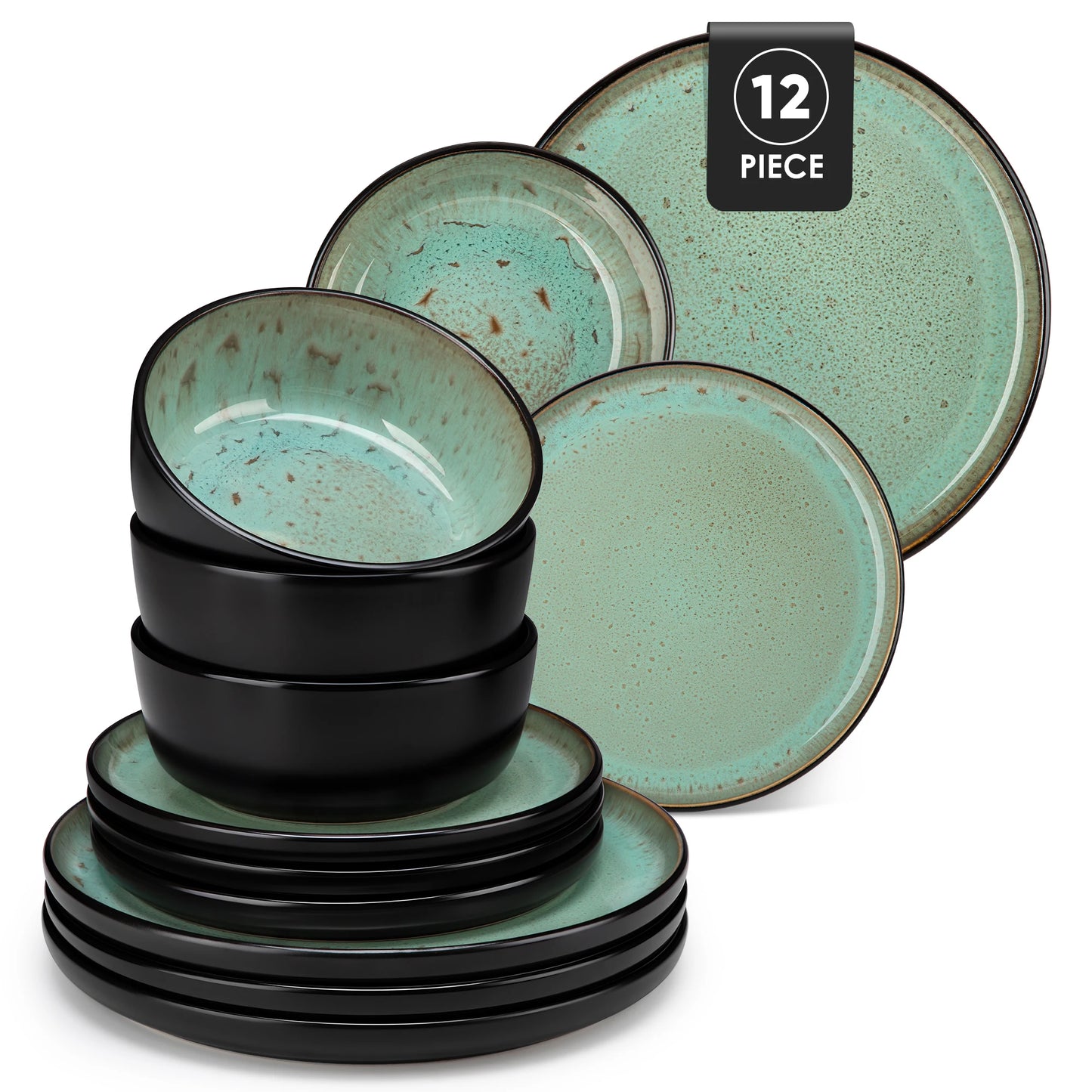 12/16 Piece Matte Black Stoneware Plats Set