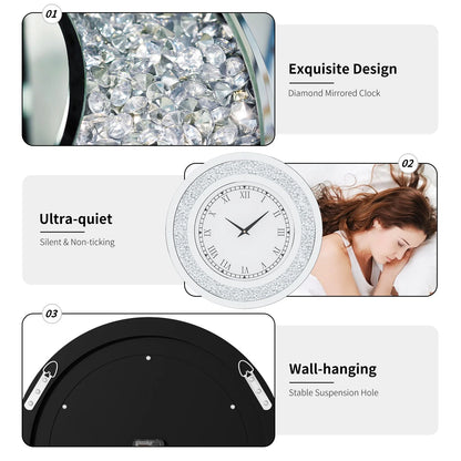 Silver, Tawny Tinted Mirrored Wall Clock with Sparkle Crush Diamond