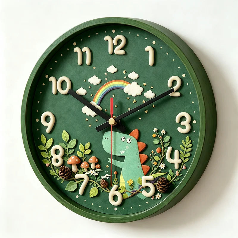 Silent, Non-Ticking Forest Dinosaur Rainbow Wall Clock