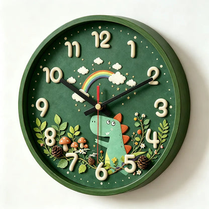 Silent, Non-Ticking Forest Dinosaur Rainbow Wall Clock