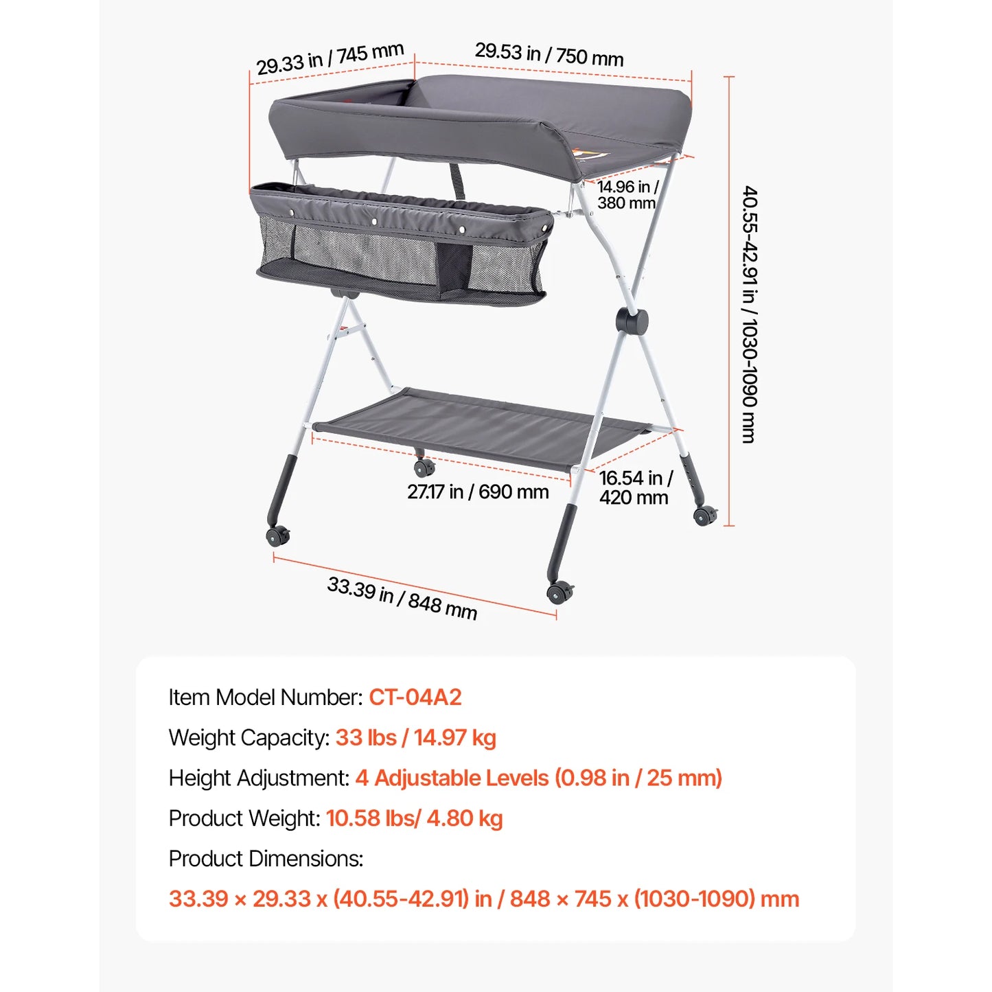 Foldable Diaper Changing Station with 2 Fabric Drawers & Side Basket