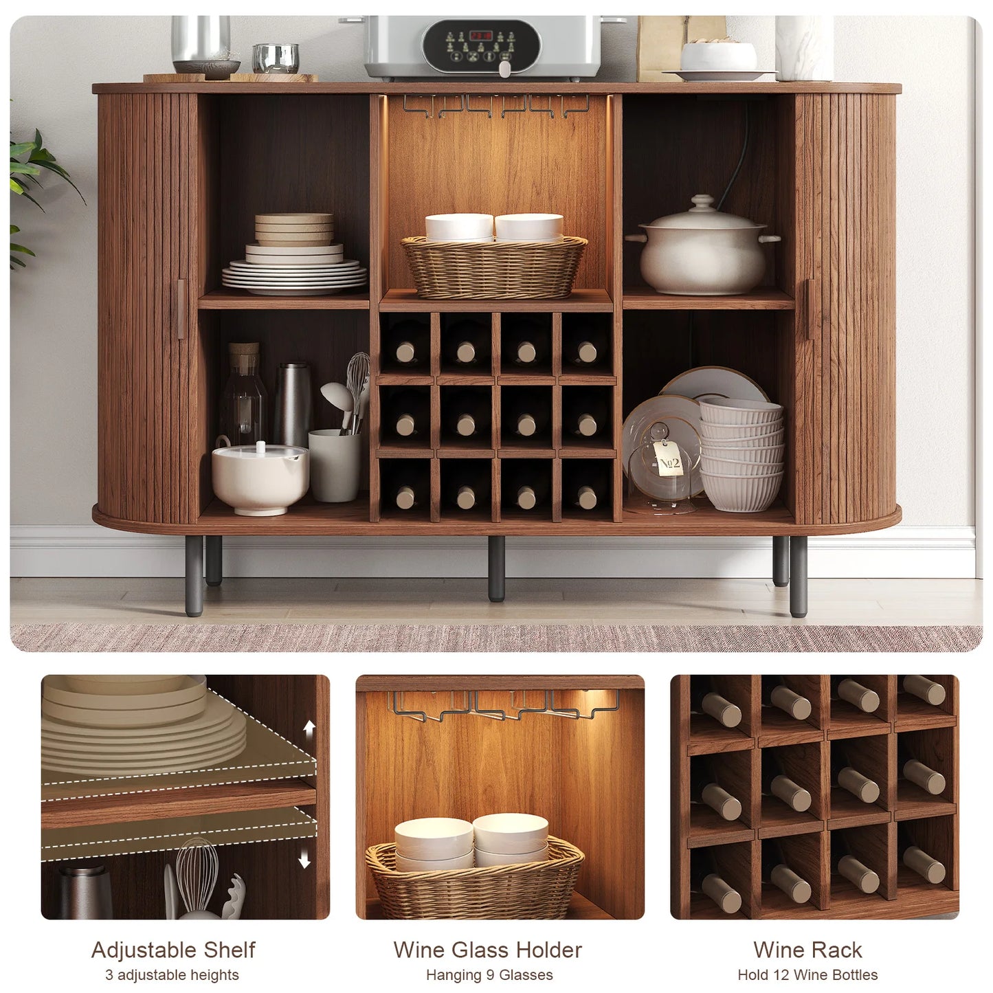 Wine Bar Cabinet w/ LED Light, Wine Rack & Glass Holder