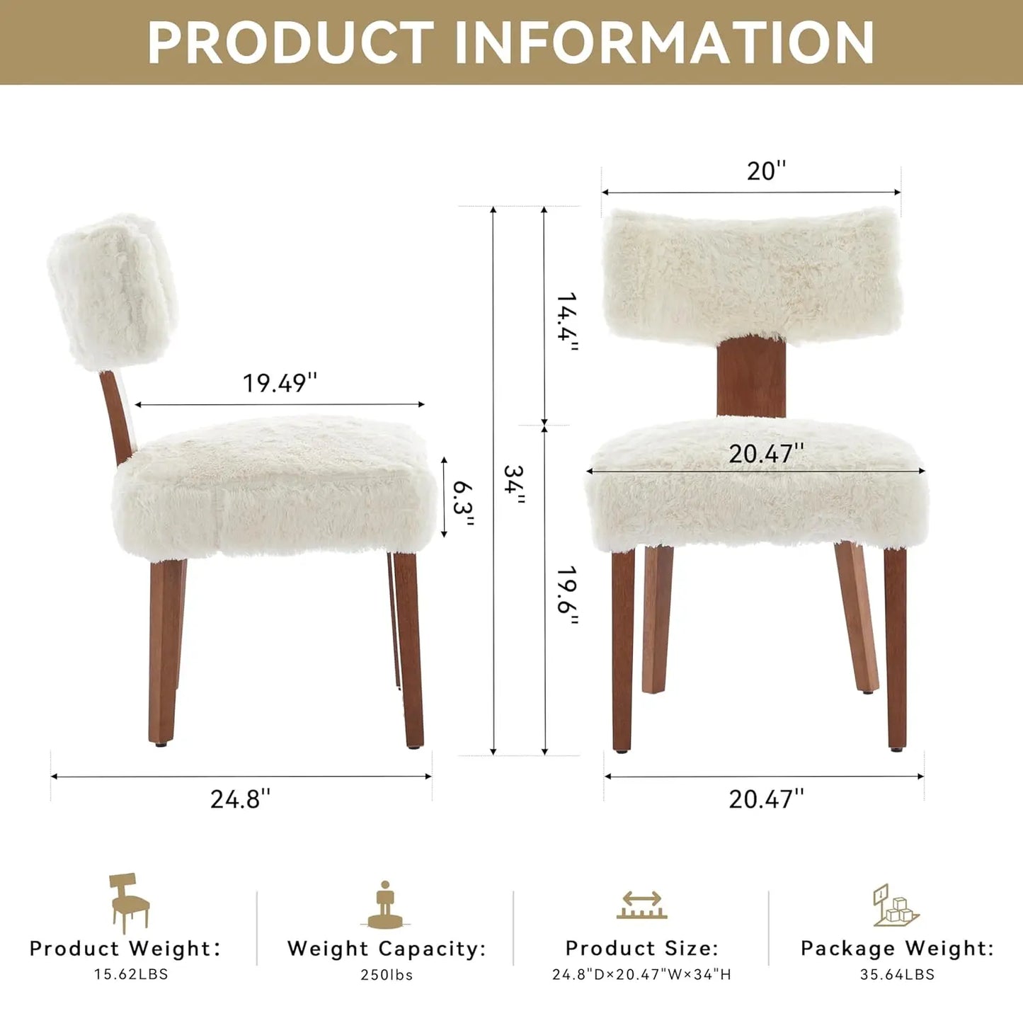 Set of 4 Mid-Century Fur Fabric Dining Chairs with Curved Backrest & Wood Legs