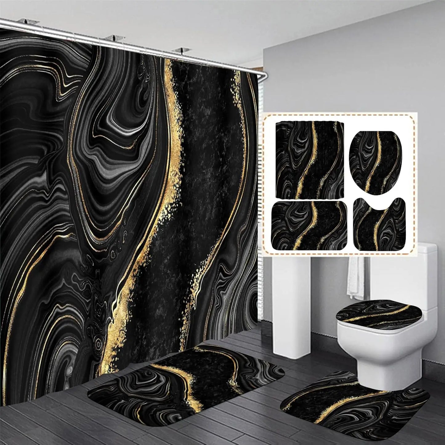 4-Piece Black Marble Shower Curtain Set with Rugs