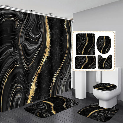 4-Piece Black Marble Shower Curtain Set with Rugs