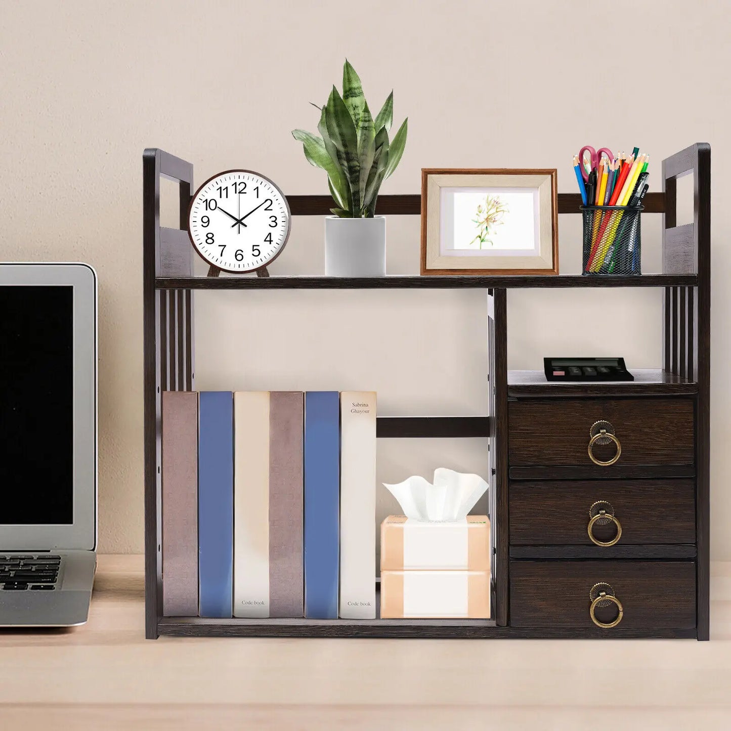 Bamboo Desktop Organizer with Storage Shelves & 3 Drawers