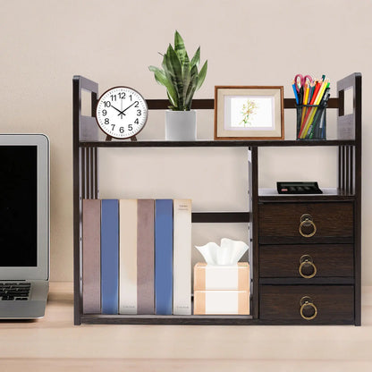 Bamboo Desktop Organizer with Storage Shelves & 3 Drawers
