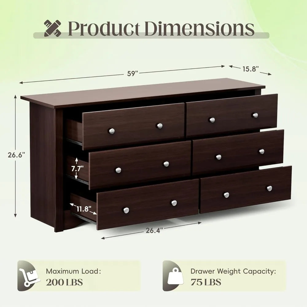Wide Chest of Drawers with 6 Storage Drawers