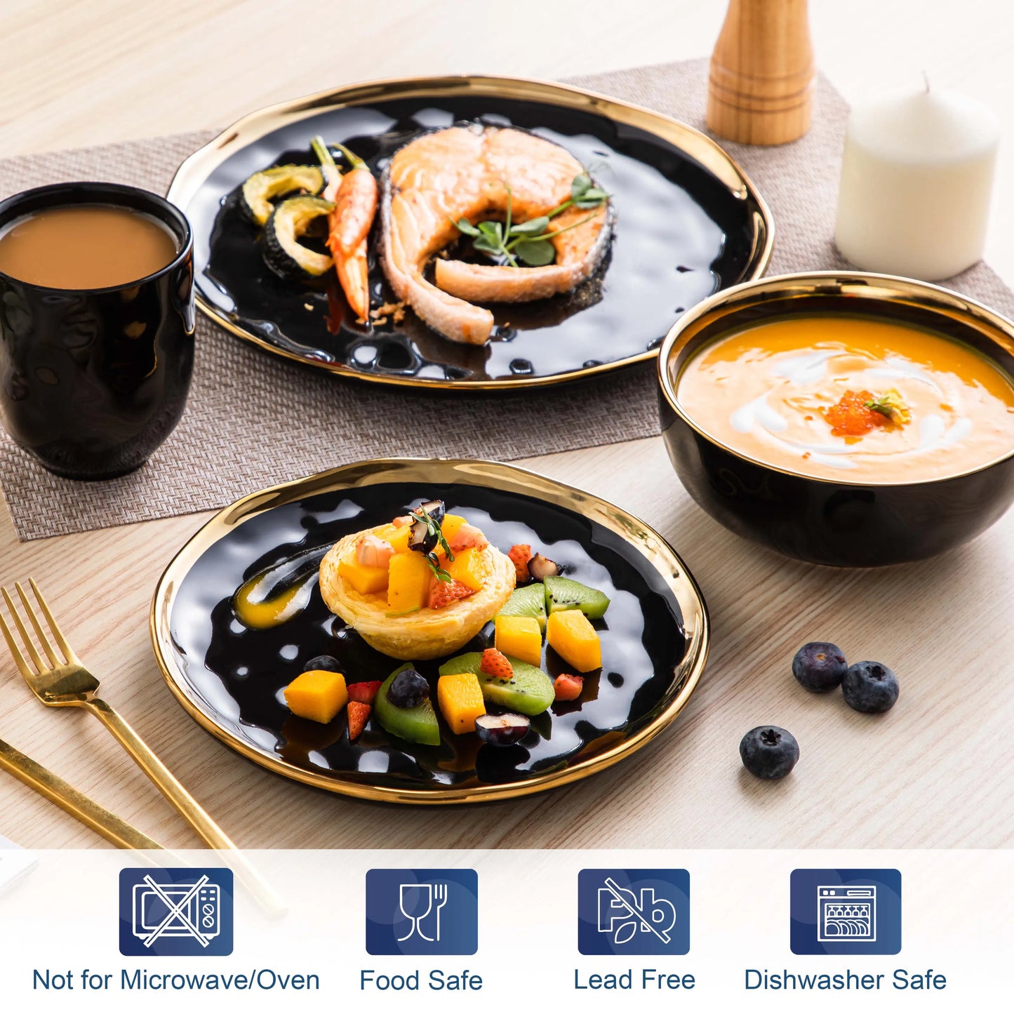 16/32 Piece Black Porcelain Dinnerware Set with Gold Trim