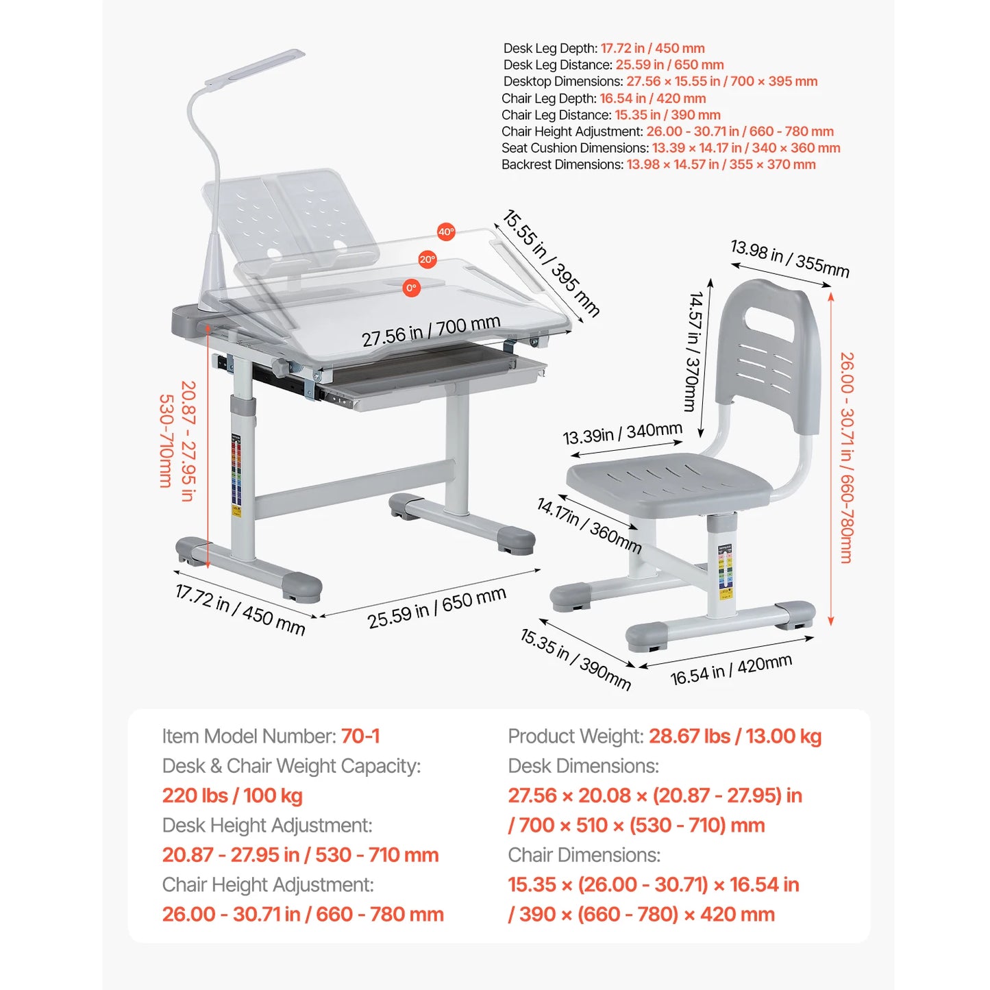 Kids Study Chair and Desk Set with Adjustable Height